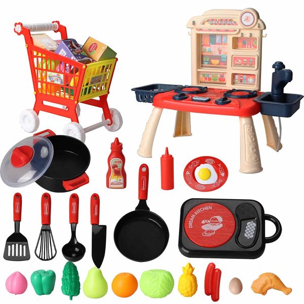 WbwZ 52PCS Kids Play Kitchen Toys, Toddlers Pretend Cooking Playset with Play Food and Shopping Storage Basket, Preschool Learning Education Toy Gifts for Boys Girls