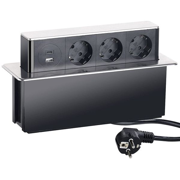 revolt Versenkbare Steckdose: Versenkbare 3-Fach Einbau-Tischsteckdose, USB-C, PD & QC 3.0, Silber (Steckdose mit USB-c, USB Hub Tisch, iPhone Ladestation)