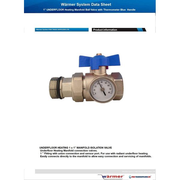 1'' UNDERFLOOR Heating Manifold Ball Valve with Thermometer RED Blue Handle (Blue)
