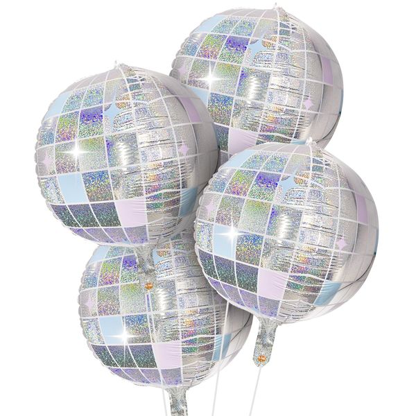 Morofme Iridescent Disco Ball Foil Balloons 4pcs Last Disco Bachelorette Balloons Decorations 22" Mirror Disco Balloons 4D Silver Disco Balloon Disco Themed Birthday 70s Dance Party Decor Supplies