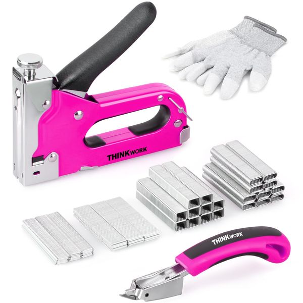 THINKWORK Upholstery Staple Gun, 4 in 1 Pink Staple Guns/Home Use with 3000 Staples, Heavy Duty with Remover for Wood, Cable, Fabric, Wall, Material Repair, DIY Manual Stapler