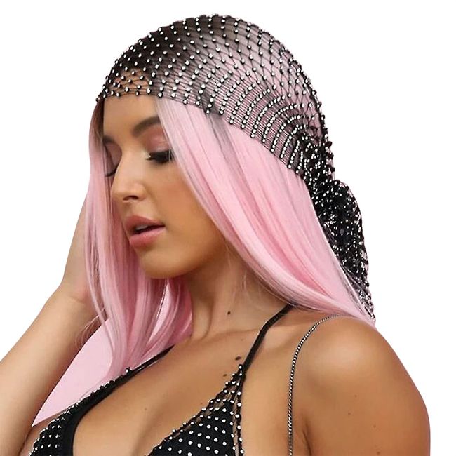 Mesh Rhinestone Headbands Glitter Wide Hair Bands Elastic Turban Kerchiefs Crystal Nightclub Headscarfs Fishnet Elastic Wide Hairband Rave Party Headwraps for Women and Girls (Black)