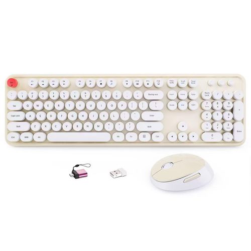 HotFox Wireless Keyboard and Mouse Combo, Full-Size Retro Typewriter Keyboard with Round Keycaps, Ergonomic Design for Windows PC, Home and Office Use - Cream