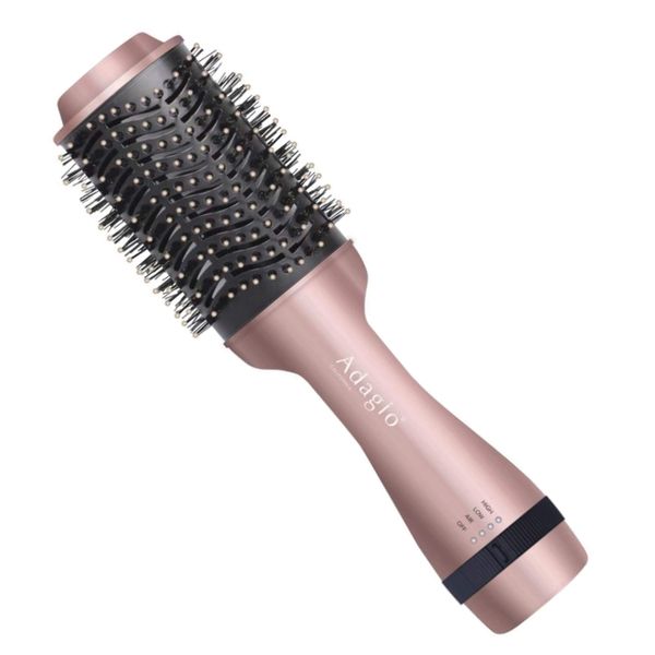 Adagio California Blowout Brush: 2-in-1 Hot Air Brush Styler and Dryer - Negative Ion Round Brush - Hair Dryer Brush with Straightener Function - Hair Styling Tools for Women… (3-inch, Rose Gold)