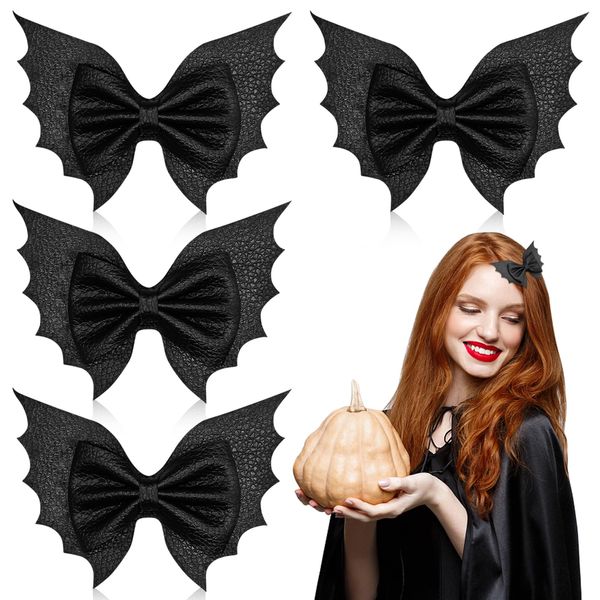 4 Stück Halloween Bat Hair Clips Halloween Haarspangen mit Fledermäusen, Halloween Haarschleifen, Fledermaus Klauenklammer, Halloween Haar Accessoires, Lederschleife, Halloween Fledermäuse