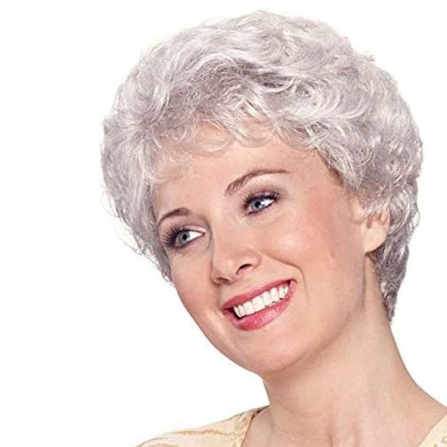 grey wigs for women, Oblique bangs short curly hair fluffy black gradient silver middle-aged and elderly womens natural hair for daily use