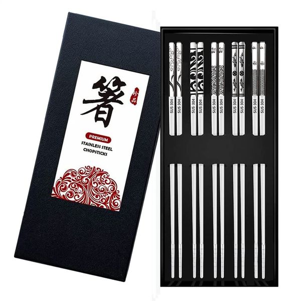 DONGDA Reusable Chopsticks, 5 Pairs Stainless Steel Chop Sticks Silver Chopsticks Dishwasher Safe Metal Chopsticks, Delicate Japanese Chinese Korean Chopsticks with Pattern for Kitchen & Dining