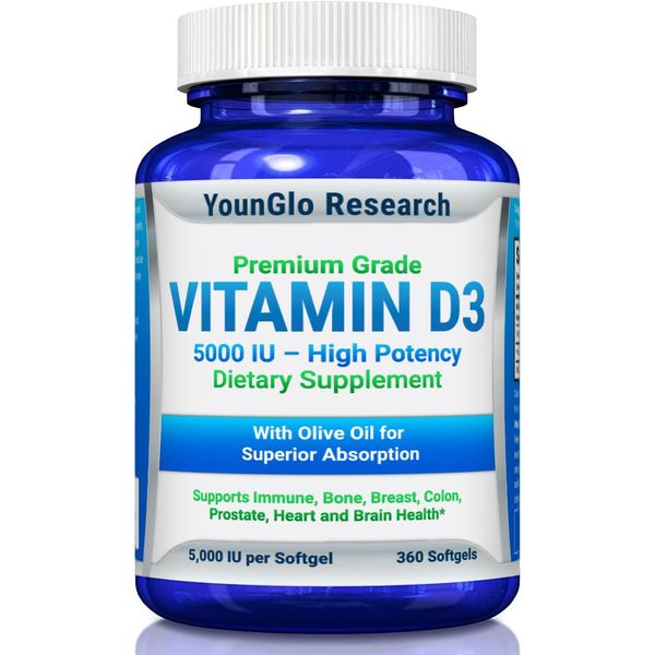 YounGlo Research Vitamin D3 5000 IU Dietary Supplement to Promote Healthy Bone & Immune Function, Easy-to-Swallow 360 Softgels