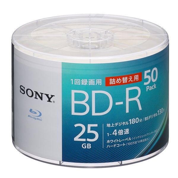 Sony 50BNR1VJPB4 Blu-ray Disc BD-R 25GB (Approx. 3 Hours Per Sheet), For Single Recording, 50 Sheets Included, Supports 4X Speed Dubbing, No Case