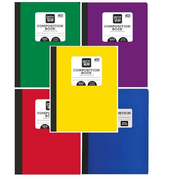 5 Composition Notebooks WIDE Ruled MULTI-Colored 100 Sheet Pen+Gear