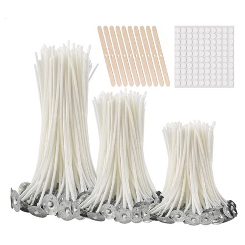 buluker300Pcs Functional Smokeless Candle Wicks,100pcs Wicks Sticker, Pre Waxed Cotton Wick with Metal Sustainer Tabs for Pillar Candle Making and Candle DIY, 9cm/3.5in,15cm/6in,20cm/8in