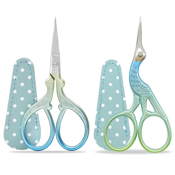 Embroidery Scissors Small, 2PCS Stainless Steel Craft Scissors for Sewing Threading Needlework Handicraft Trimming with Fake Leather Scissors Cover