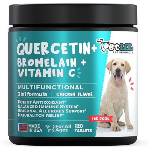 PET LOL Quercetin for Dogs with Bromelain and Vitamin C | 3-in-1 Supplement for Dog Allergies, Immune Support, Itch Relief, Promote Inflammatory Relief & Antioxidant Activity | 120 Chewable Tablets