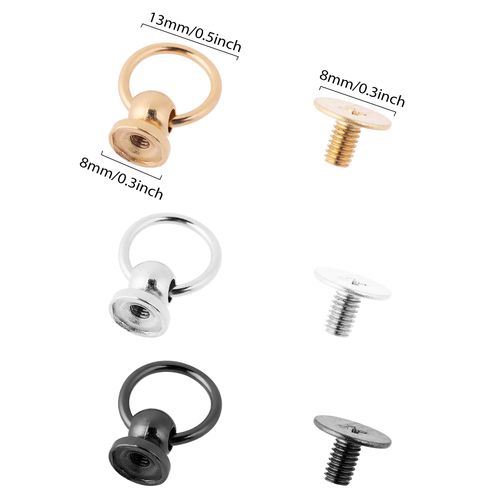 Set of 60 Head O Ring Screw Rivets, 8 mm Head Button Stud Rivets with Screw Cap Leather Rivets Set Back Round Ring Head Leathercraft Parts DIY Retractable Nuts Set Accessories (Gold Silver Black)