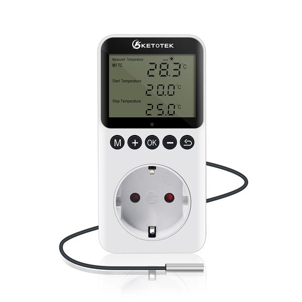 KETOTEK Digital Thermostat Steckdose Timer Tag Nacht Temperaturregler mit Zeitschaltuhr 230V mit Fühler für Gewächshaus Terrarium Heizung Kühlung Temperaturgesteuerte Stecker