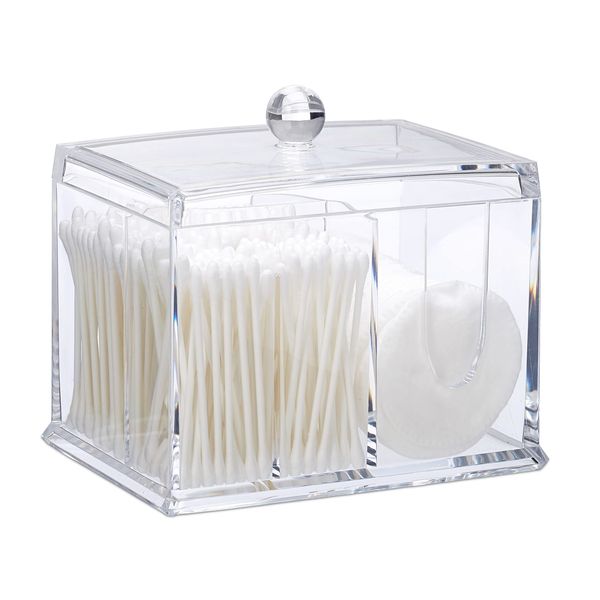 Relaxdays Cotton Swab Storage Box, Acrylic Lidded Organiser, Stick Bathroom Dispenser, Size L, Clear, 13 x 15 x 11cm