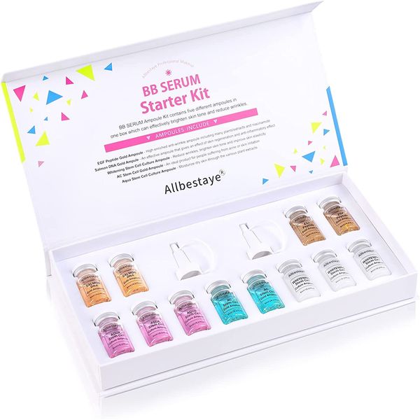 BB Facial Glow Starter Kit für Microneedling, Flüssiges Fundament Semi Permanent Pigments Whitening Concealer, BB Color Serum Hyaluronsäure Ampulle Feuchtigkeitsspendend Anti-Aging 8MLx12PCS