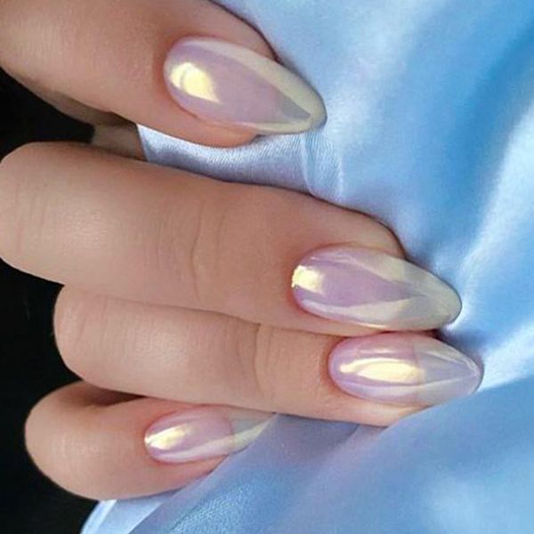 GLAMERMAID Chrome Press On Nails Short Almond - Nude Handmade Soft Gel Fake Nails Medium Oval, White Glitter Natural Glazed Donut False Nails, Glossy Pearl Mermaid Matal Glue on Nails Kit for Women