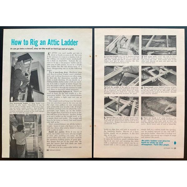 Attic Ladder 4 types 1952 HowTo Design PLANS Sliding~Wall~Hinged~Tuck away