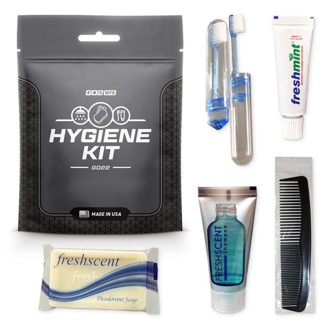 Go2Kits Hygiene Toiletry Travel PPE Kits for Travel, Business & Charity with Reusable Toothbrush, Bath Soap & Other Essential Toiletries (GO22)