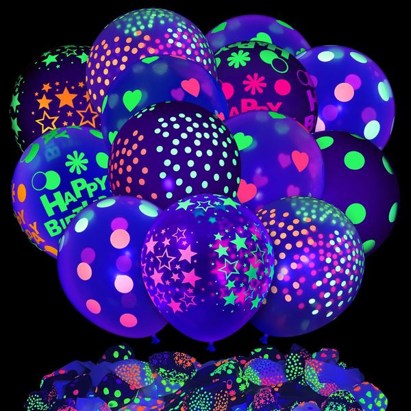 100 Pcs UV Neon Balloons, 14 Inch Neon Polka Dot Glow Party Balloons UV Black Light Balloons Glow in the dark for Birthday Decorations Wedding Glow Party Supplies Blacklight Carnival