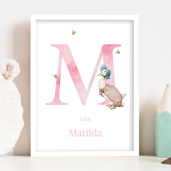 Themed Peter Rabbit Print - Jemima Puddle-Duck Pink Letter and Name Personalised Nursery Wall Art (A2-42cm x 59.4cm)