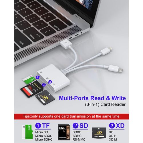 TF SD XD Picture Card Adapter Reader for iPhone - 3 in 1 TF/XD/SD Card Reader for iPhone 16 15 14 iPad Android Computer with USB C Lightning OTG Adapter, Use for Micro SD/TF/SD/SDHC/SDXC/MMC/XD Cards