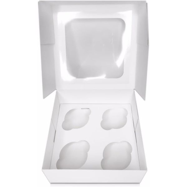 FALGUN 10 x Premium White 4 Hole Cavity Cupcake Boxes with Window and Inserts - (Rounded Inserts)