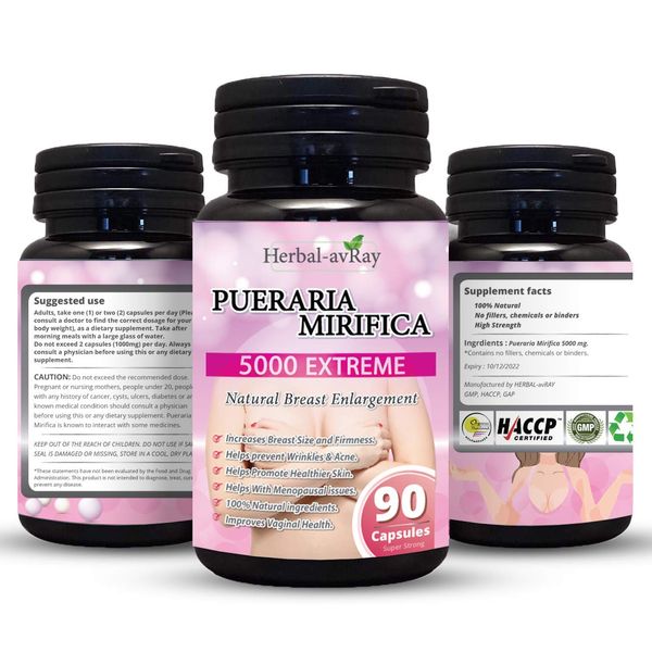 Pueraria Mirifica Capsules 5000mg - Natural Breast Enhancement Pills for Women - Breast Enlargement Pills - Breast Growth, Vaginal Health, Menopause Relief, Skin & Hair Health 90 Vegetarian Capsules