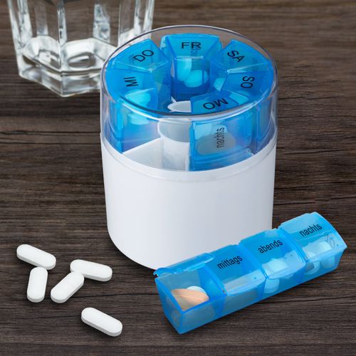 Relaxdays Pill Box 7 Days 4 Compartments Morning, Noon, Evening, Night, BPA-Free, Weekly Box for Medication, White/Blue