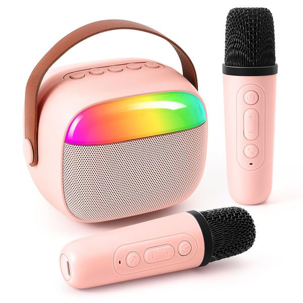 Mini Karaoke Machine for Kids, Portable Bluetooth Karaoke Speaker with 2 Wireless Microphones and Lights, Christmas Birthday Toys Gifts for Girls Boys Ages 4, 5, 6, 7, 8, 9, 10, 12+ Family Home Party