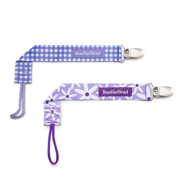 BooginHead Pacifier Clip Baby Pacifier Holder PaciGrip 2-Pack, Purple Daisies and Gingham