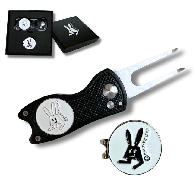 ITAZURA USAGI Golf Golf Marker & Green Fork (Black) with Competition Favor Box