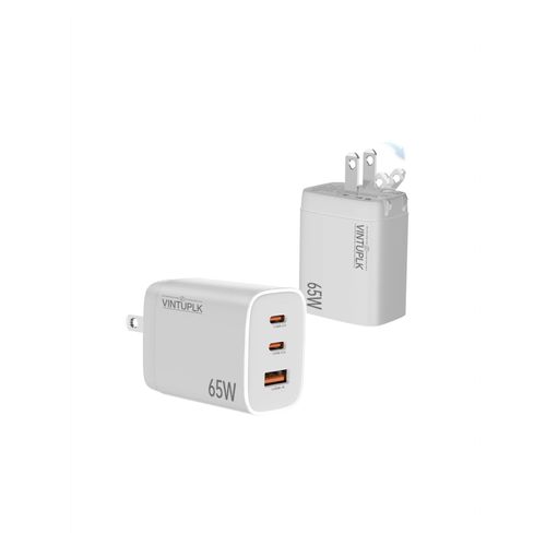 65W GaN USB C Charger, PPS 3-Port Fast Compact Foldable USB C Charger Block, Applicable to MacBook,Galaxy S24,and More Series (White)