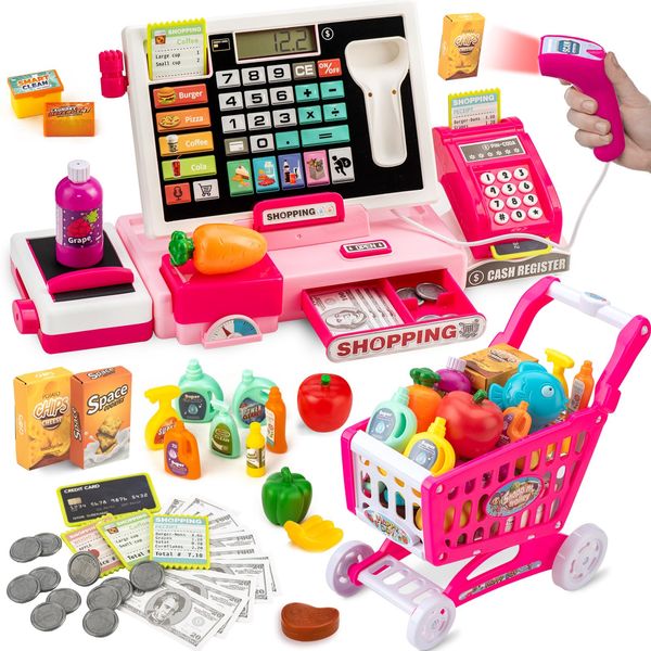 Kids Cash Register Toy with Shopping Cart Toddler Pretend Play Store Cashier Register for Kids with Music / Real Calculator / Scanner Learning Toys for Girls Birthday Gift for 3-8 Year Old Girl