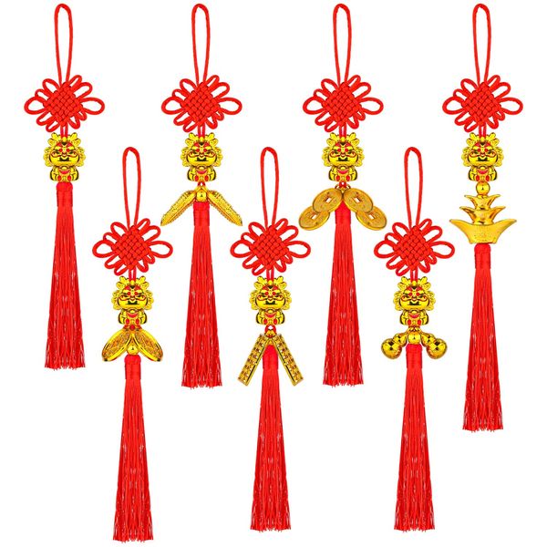 7pcs Chinese Dragon New Year Lucky Pendant, 2024 Dragon New Year Fortune Chinese Knot Tassel Pendant Decor Chinese Lucky Coins Charm Hanging Ornaments Tree Decoration for Wealth Success Good Luck