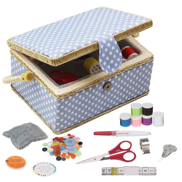 Sewing Box with Sewing Kit Accessories, D&D Wooden Sewing Basket Organizer with Accessories for Home, Travel, Blue Polka Dot