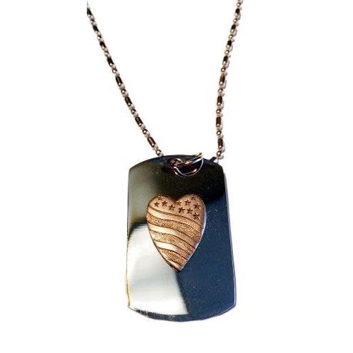 Heart USA American Flag Patriot Patriotic Pewter Emblem Logo Symbols - Military Dog Tag Luggage Tag Key Chain Metal Chain Necklace
