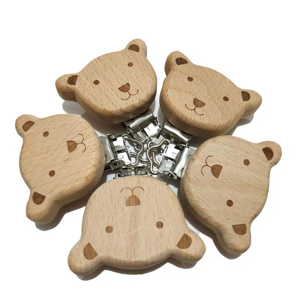 5pcs Natural Beech Wood Animal Pacifier Clips Grasping Toy Suspender Chain Clips Charm Antique DIY Beading Accessory (Bear)