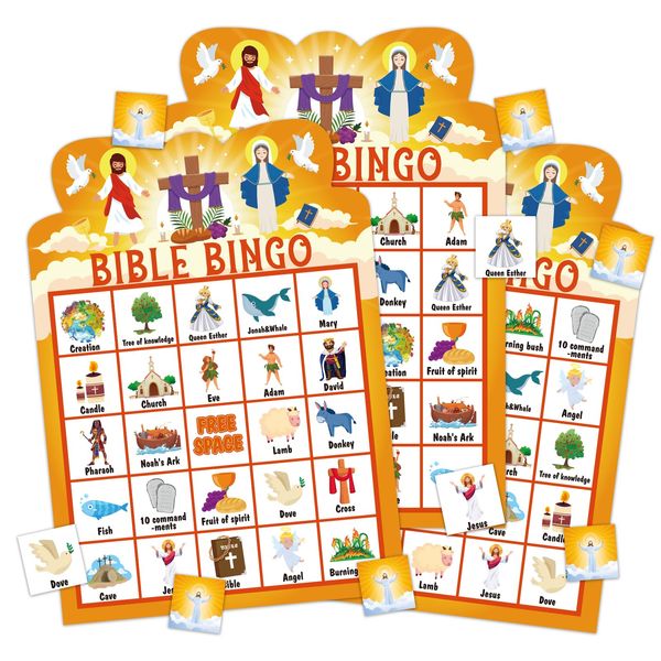 DISJOURNEY Bible Bingo Game for Kids Adults 26 Players Christian Bible Bingo Cards Religous Bible Games Activities for Family Open Day Vacation Bible School Decorations Holiday Party Supplies