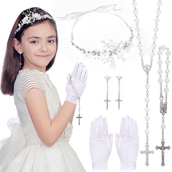 HOWAF First Holy Communion Gifts for Girls, Holy Communion Hair Accessories Flower Headband Flower Crown Communion Glove Rosary Beads Catholic Pearl Cross Bracelet Earrings for First Communion Gifts
