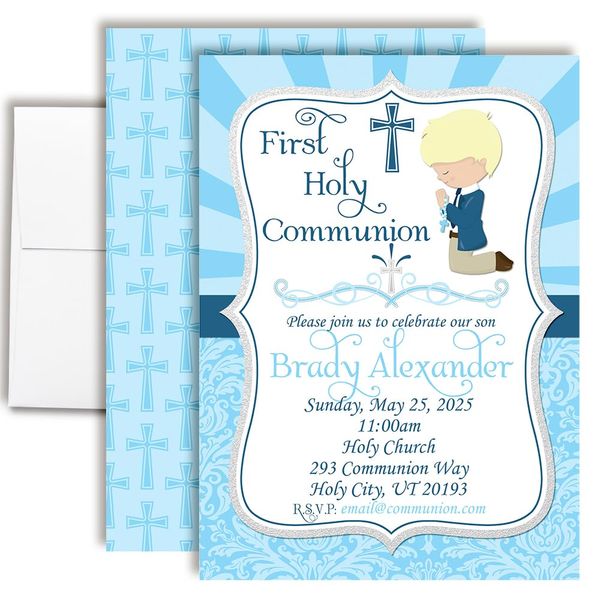 Custom First Holy Communion Invitations 20 5x7 Custom First Holy Communion Invitation Cards With Twenty Envelopes - Unique Religious Theme Invitations for Boys (Light Skin, Blond Hair)