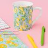 Lilly Pulitzer Cute Coffee Mug with Lemon Pattern, Ceramic Tea Cup with Bamboo Handle, Make Lemonade