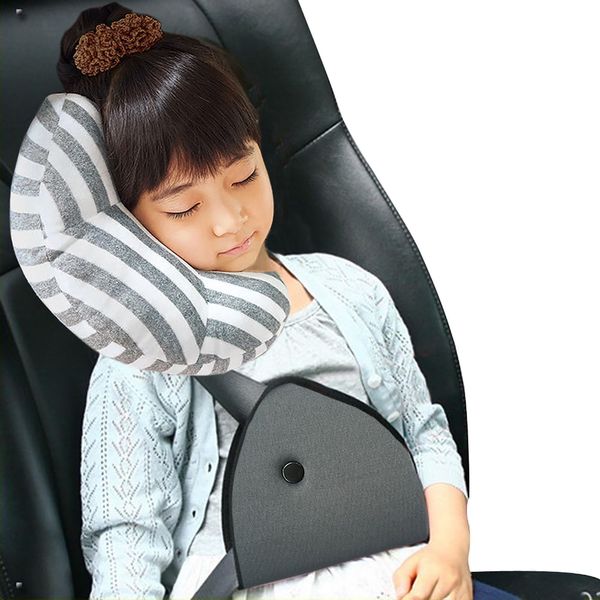 Car Seat Belt Pillow and Adjuster Kit for Kids, WOMUMON Travel Pillow Headrest Neck Support Cushion Seatbelt Cover and Safety Strap Protection Pad