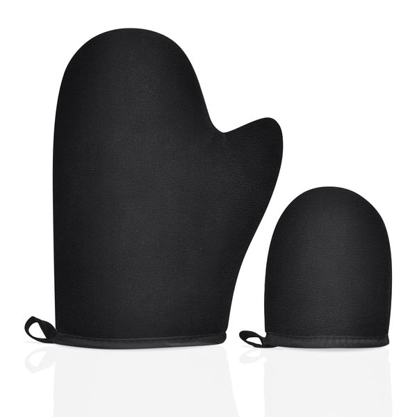 LOPHE Selbstbräuner Handschuh, Schwarz Dual Sided Tan Applicator Mitt, Mehrweg Self Tan Bräunungshandschuh für Bräunungscreme Und Peeling, Waschbar Handschuhe Tanning Streifenfreie Bräune (groß+klein)