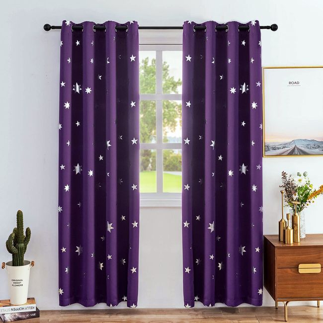 Anjee Blackout Purple Curtians for Bedroom 84 Inches Length Stars Silver Foil Print Blackout Curtain Kids Room Darkening Window Drapes Thermal Insulation Drapery 2 Panels,Purple W52xL84