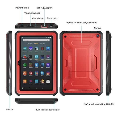 DJ&RPPQ All-New Case for 7 Inch Tablet- Not for TCL Tablet Also for Sony Nokia - Built in Screen Protector Kids Case, Green -Red