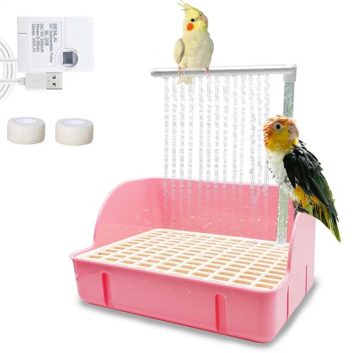 kathson Parrot Bathtub, Automatic Bird Bath Indoor,Parakeet Shower Fountain,Parrot Bath Tub for Pet Birds, Cockatiel, Conure, Budgie, Lovebird, African Grey, Finches (Pink)