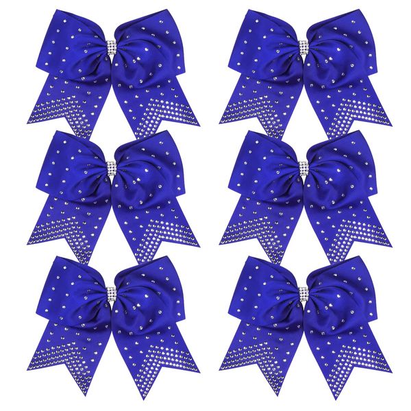 8 Inch Cheerleader Bows Ponytail Holder with Bling Fling Rhinestones Hair Tie Cheerleading Bows 6 Pcs (Royal Blue)