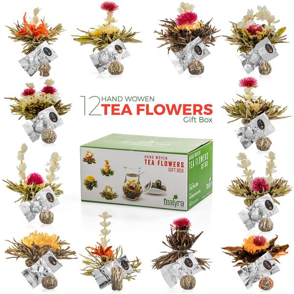 Tealyra - Blooming Flowering Tea Gift Box - 12 Variety Flavors of Finest Blooming Green Teas - 12 Quality Tea Balls Individually Sealed